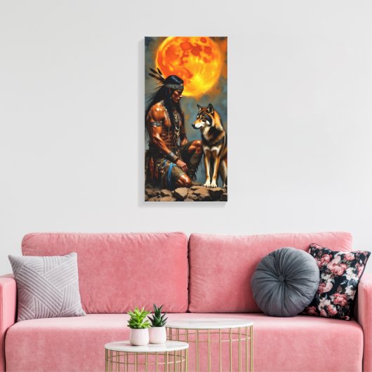 Native American and Wolf キャンバスプリント (インサイチュ (リビング))
