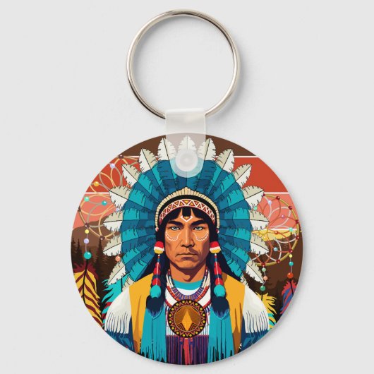 Native American Chief Powerful Portrait キーホルダー (正面)