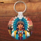 Native American Chief Powerful Portrait キーホルダー (正面)