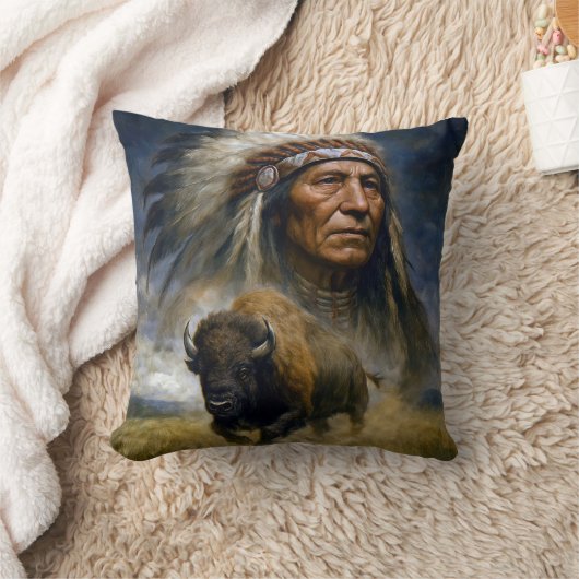 Native American Chief with Charging Buffalo クッション (ブランケット)
