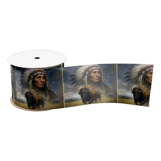 Native American Chief with Charging Buffalo サテンリボン (リール)