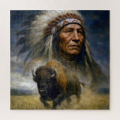 Native American Chief with Charging Buffalo ジグソーパズル (縦)