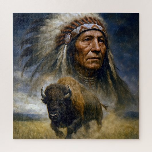 Native American Chief with Charging Buffalo ジグソーパズル (縦)
