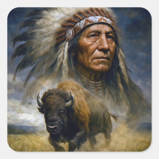 Native American Chief with Charging Buffalo スクエアシール (正面)