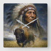 Native American Chief with Charging Buffalo スクエア壁時計 (正面)