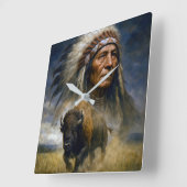 Native American Chief with Charging Buffalo スクエア壁時計 (傾斜)