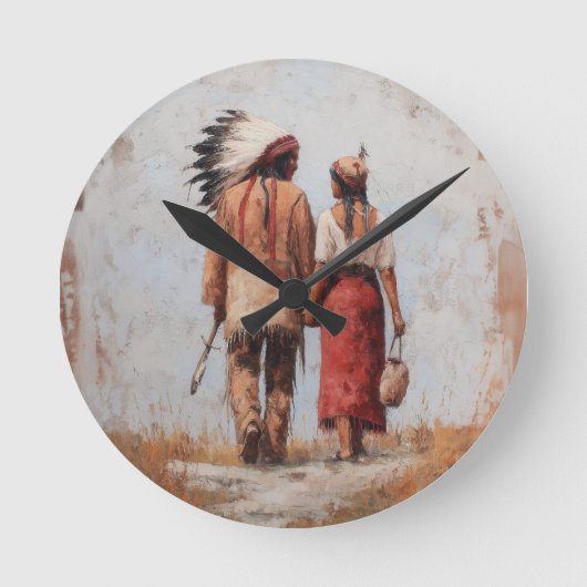 Native American Couple Wall Clock ラウンド壁時計 (正面)
