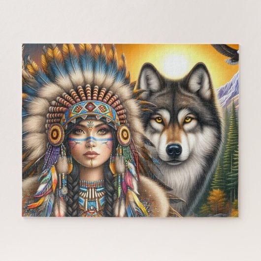 Native American Female With  Wolf ジグソーパズル (横)