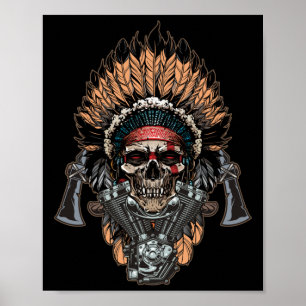 Native American Indian Chief Skull Motorcycle ポスター