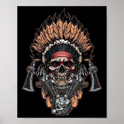 Native American Indian Chief Skull Motorcycle ポスター (正面)