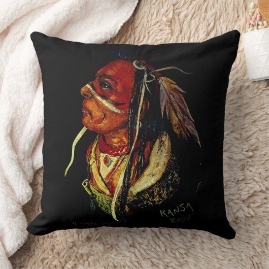 Native American "Kaw Warrior" Throw Pillow クッション (ブランケット)
