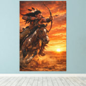 Native American Warrior Galloping Horse at Sunset キャンバスプリント (インサイチュ (ウッドフロア))