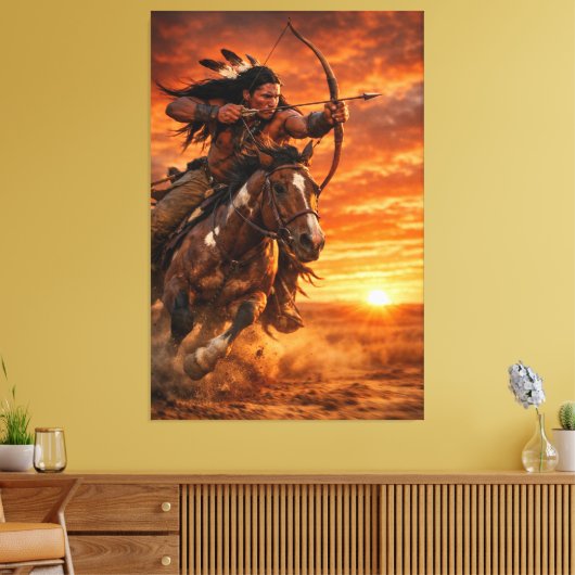 Native American Warrior Galloping Horse at Sunset キャンバスプリント (インサイチュ (リビング))