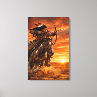 Native American Warrior on Galloping Horse Sunset キャンバスプリント