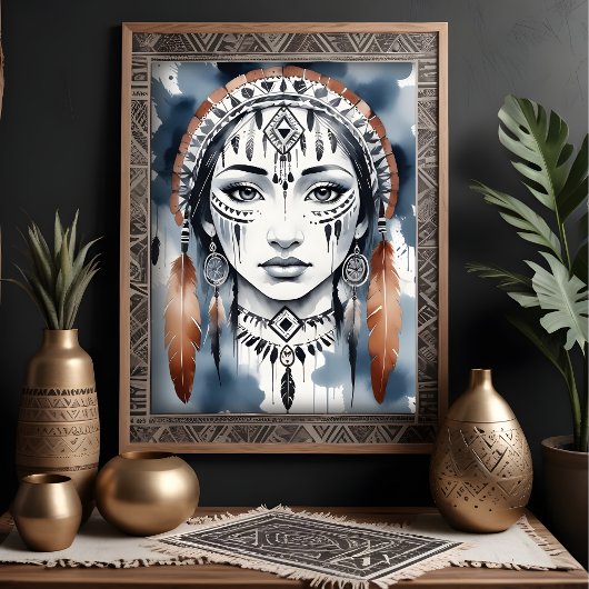Native American Woman Portrait Feather Headdress ポスター
