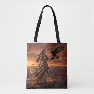 Native American Woman with Eagle on Cliff Tote Bag トートバッグ