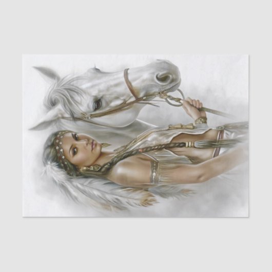 Native Woman & White Horse Decoupage 薄葉紙 (正面)