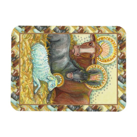 NATIVITY ANIMALS IN STABLE, OX, DONKEY & SHEEP マグネット (横)