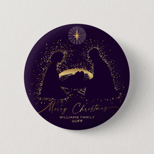 Nativity Manger Christmas Purple Gold Custom Name 缶バッジ (正面)