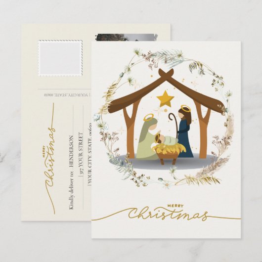 Nativity Scene Baby Jesus in the Manger Your Photo シーズンポストカード (正面/裏面)