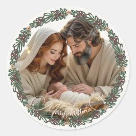 Nativity Scene Baby Jesus in the Manger Your Photo ラウンドシール