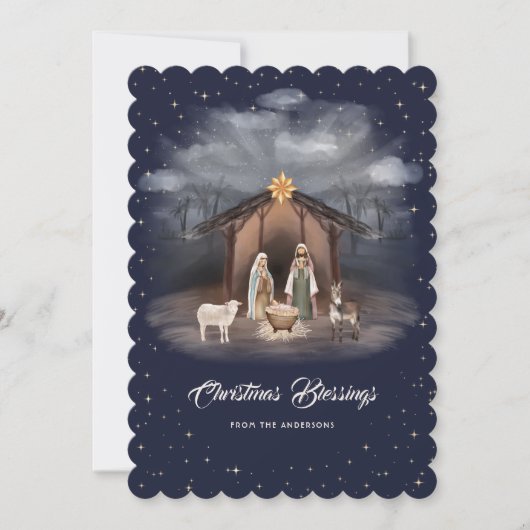 Nativity Scene Blue Christmas Blessings Christian シーズンカード (正面)