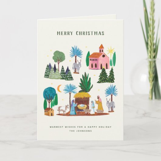 Nativity Scene Ecru Hand drawn Merry Christmas シーズンカード (正面)