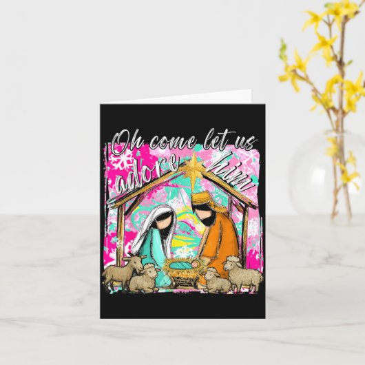 Nativity Scene Oh Come Let Us Adore Him Christmas カード (黄色い花)