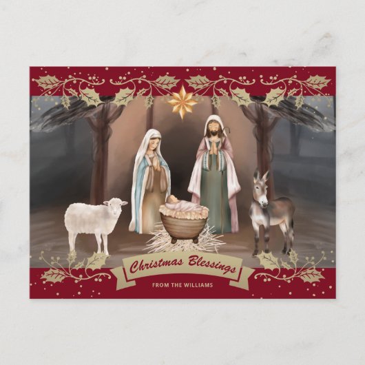 Nativity Scene Red Christian Christmas シーズンポストカード (正面)