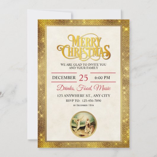 Nativity Shepherds & Angels Golden Christmas 招待状 (裏面)
