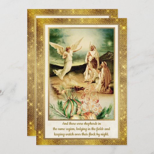 Nativity Shepherds & Angels Golden Christmas 招待状 (正面/裏面)