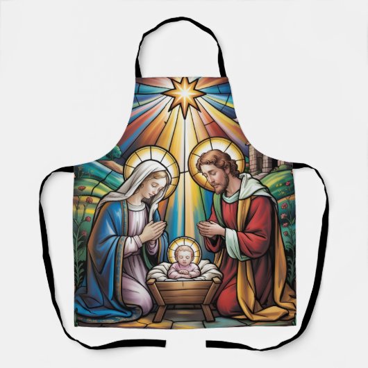 Nativity Stained Glass Art – Holy Family Christmas エプロン (正面)