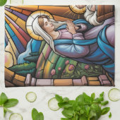 Nativity Stained Glass Art – Holy Family Christmas キッチンタオル (折り畳み)