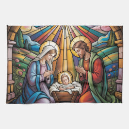 Nativity Stained Glass Art – Holy Family Christmas キッチンタオル