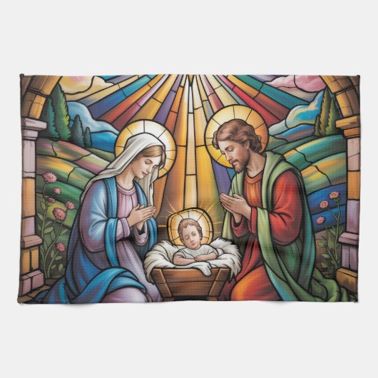 Nativity Stained Glass Art – Holy Family Christmas キッチンタオル (横)