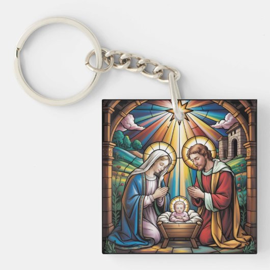 Nativity Stained Glass Art – Holy Family Christmas キーホルダー (正面)