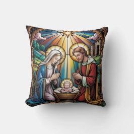 Nativity Stained Glass Art – Holy Family Christmas クッション