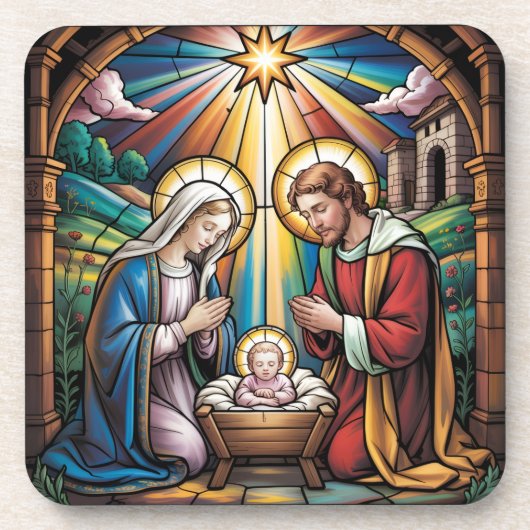 Nativity Stained Glass Art – Holy Family Christmas コースター (正面)