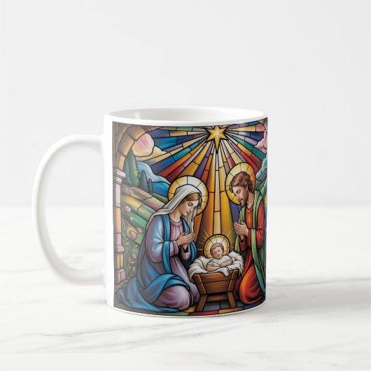 Nativity Stained Glass Art – Holy Family Christmas コーヒーマグカップ (左)