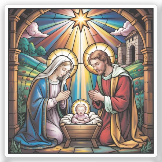 Nativity Stained Glass Art – Holy Family Christmas シール (正面)