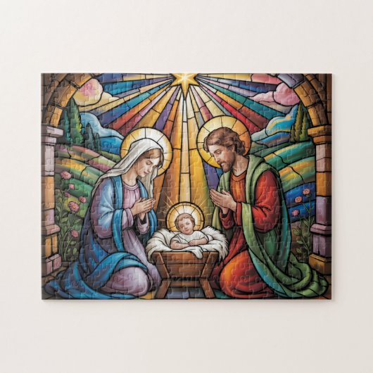 Nativity Stained Glass Art – Holy Family Christmas ジグソーパズル (横)