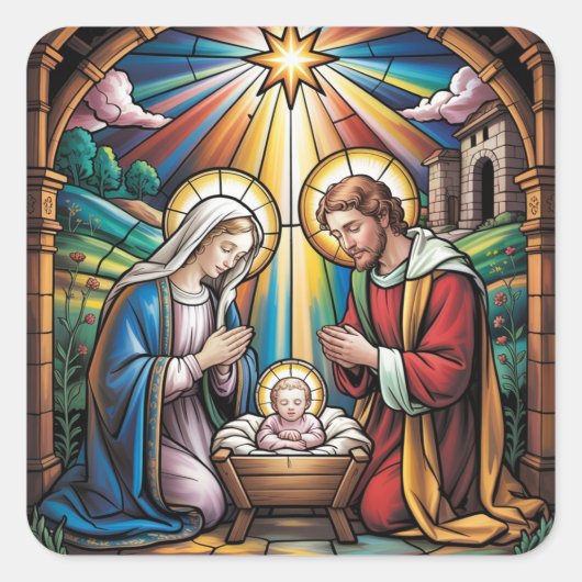 Nativity Stained Glass Art – Holy Family Christmas スクエアシール (正面)