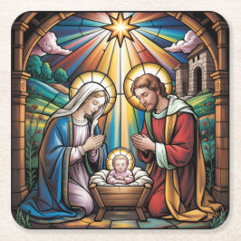 Nativity Stained Glass Art – Holy Family Christmas スクエアペーパーコースター