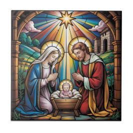 Nativity Stained Glass Art – Holy Family Christmas タイル