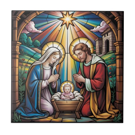 Nativity Stained Glass Art – Holy Family Christmas タイル (正面)