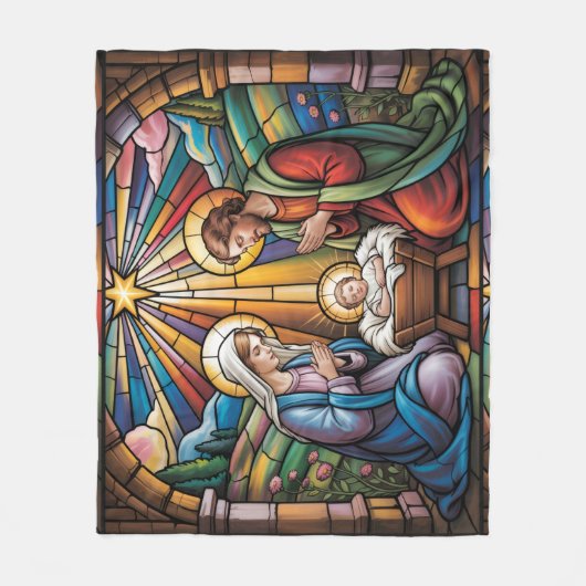 Nativity Stained Glass Art – Holy Family Christmas フリースブランケット (正面)