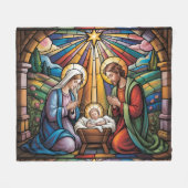 Nativity Stained Glass Art – Holy Family Christmas フリースブランケット (正面(横))
