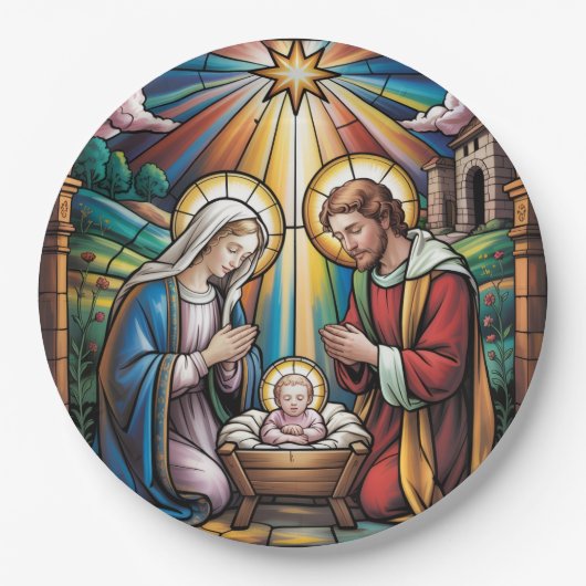 Nativity Stained Glass Art – Holy Family Christmas ペーパープレート (正面)