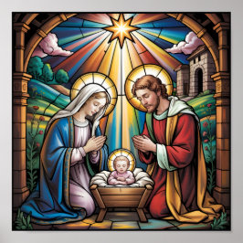Nativity Stained Glass Art – Holy Family Christmas ポスター