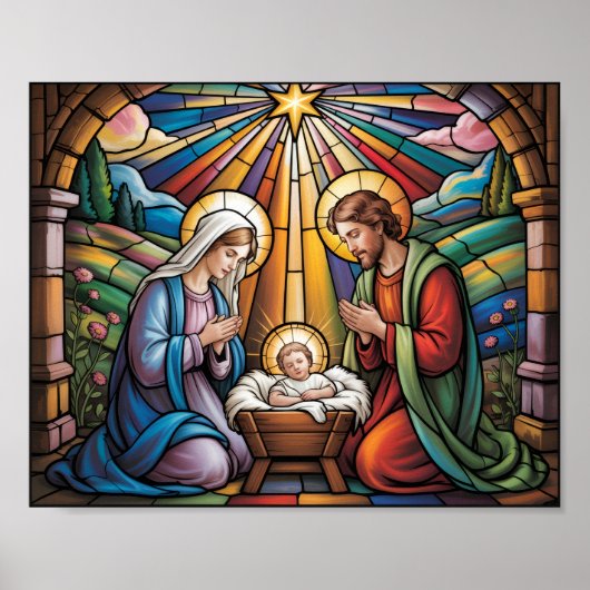 Nativity Stained Glass Art – Holy Family Christmas ポスター (正面)